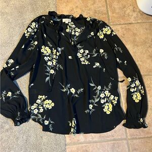 LOFT Black Floral Long-Sleeve Blouse